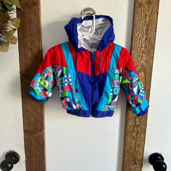 Vintage Baby Windbreaker Jacket Colorful Geometric Hooded Tuff Cookies Size 18M